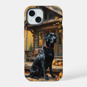 Black Labrador Retriever Log Cabin Autumn iPhone 15 Case