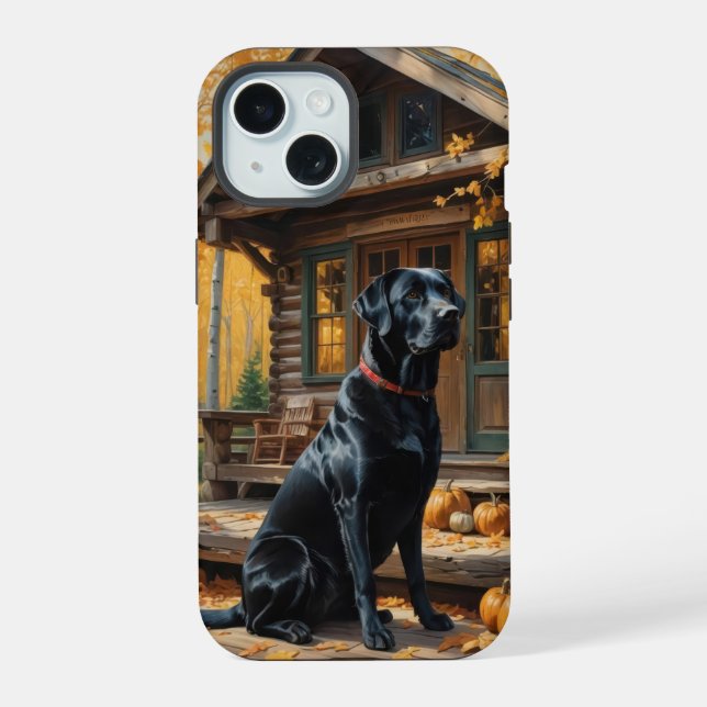 Black Labrador Retriever Log Cabin Autumn iPhone 15 Case (Back)