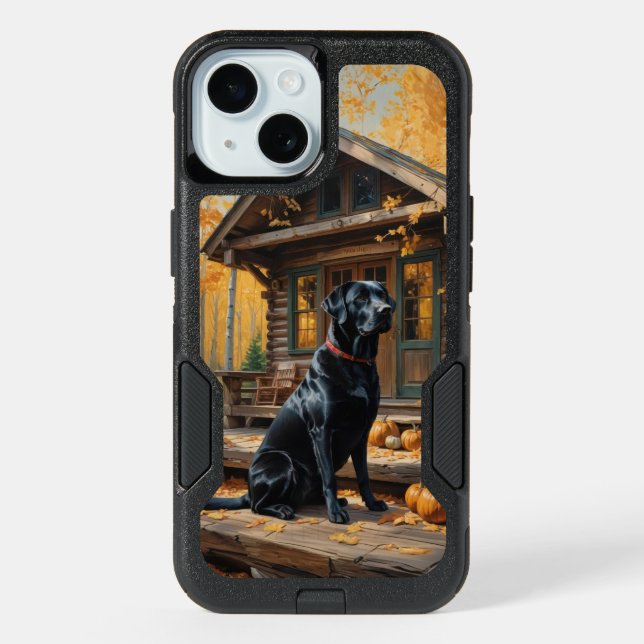 Black Labrador Retriever Log Cabin Autumn iPhone 15 Case (Back)