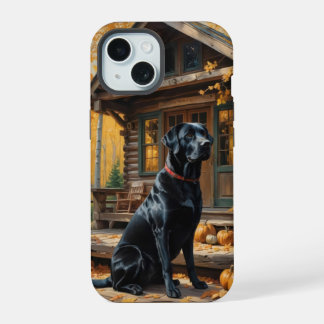 Black Labrador Retriever Log Cabin Autumn iPhone 15 Case
