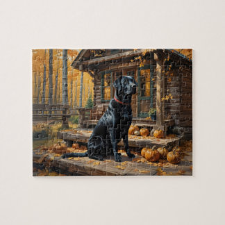 Black Labrador Retriever Log Cabin Autumn Jigsaw Puzzle
