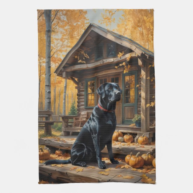 Black Labrador Retriever Log Cabin Autumn Kitchen Towel (Vertical)