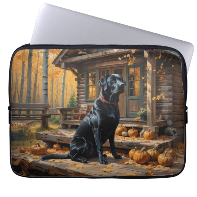 Black Labrador Retriever Log Cabin Autumn Laptop Sleeve (Front)