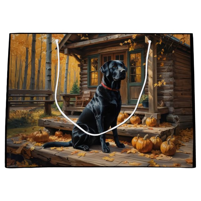 Black Labrador Retriever Log Cabin Autumn Large Gift Bag (Front)