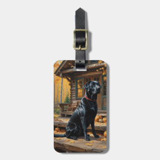Black Labrador Retriever Log Cabin Autumn Luggage Tag