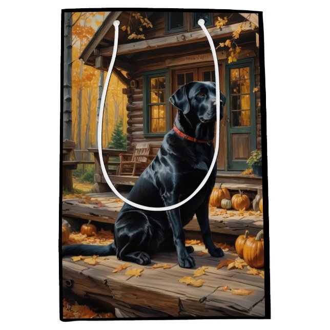 Black Labrador Retriever Log Cabin Autumn Medium Gift Bag (Front)