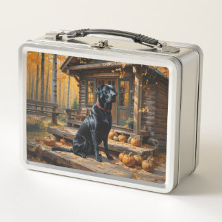 Black Labrador Retriever Log Cabin Autumn Metal Lunch Box