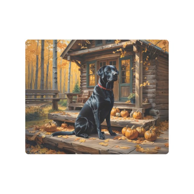Black Labrador Retriever Log Cabin Autumn Metal Print (Front)
