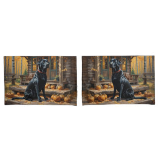 Black Labrador Retriever Log Cabin Autumn Pillow Case