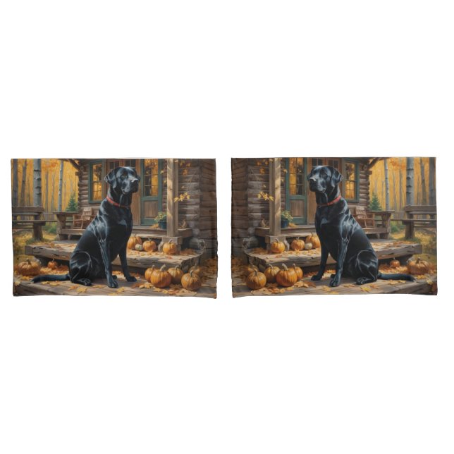 Black Labrador Retriever Log Cabin Autumn Pillow Case (Front-Set)