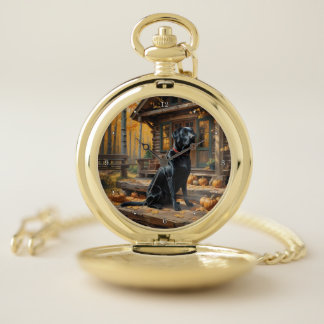 Black Labrador Retriever Log Cabin Autumn Pocket Watch