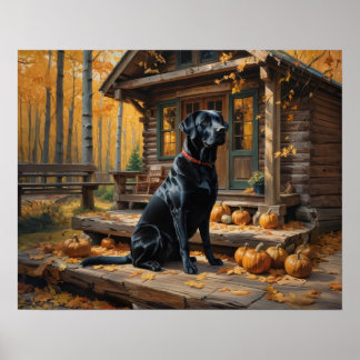Black Labrador Retriever Log Cabin Autumn Poster
