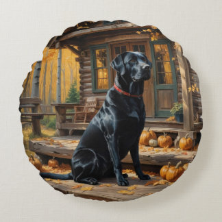 Black Labrador Retriever Log Cabin Autumn Round Pillow