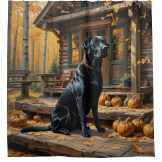 Black Labrador Retriever Log Cabin Autumn Shower Curtain