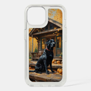 Black Labrador Retriever Log Cabin Autumn iPhone 15 Case