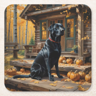 Black Labrador Retriever Log Cabin Autumn Square Paper Coaster