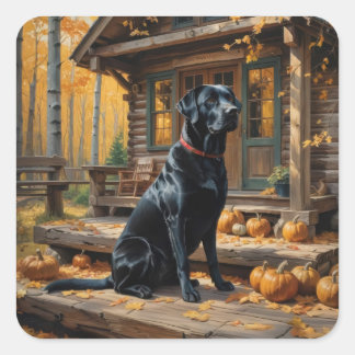Black Labrador Retriever Log Cabin Autumn Square Sticker