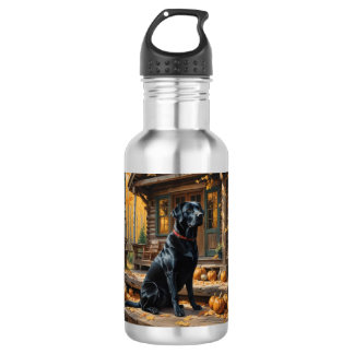 Black Labrador Retriever Log Cabin Autumn Stainless Steel Water Bottle