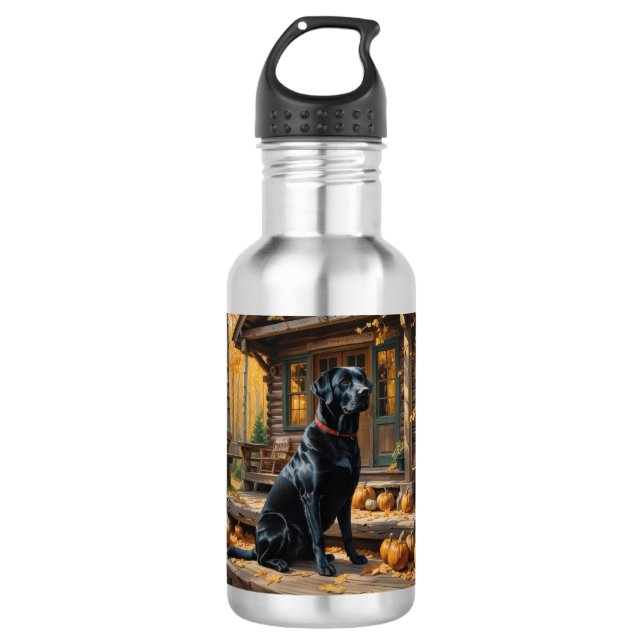 Black Labrador Retriever Log Cabin Autumn Stainless Steel Water Bottle (Front)