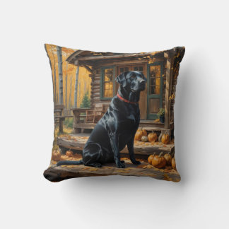 Black Labrador Retriever Log Cabin Autumn Throw Pillow