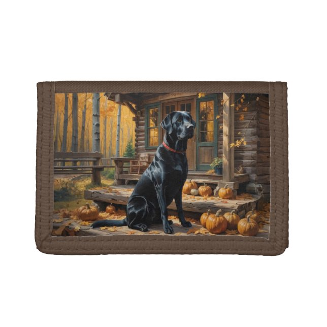 Black Labrador Retriever Log Cabin Autumn Trifold Wallet (Front)