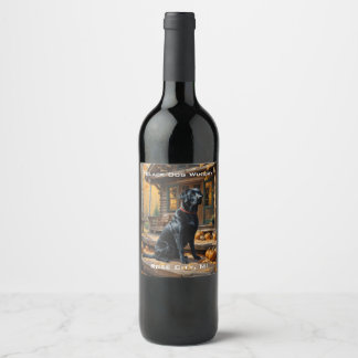 Black Labrador Retriever Log Cabin Autumn Wine Label