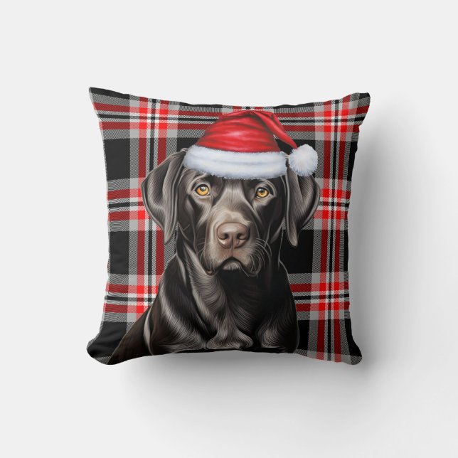 Black Labrador Retriever Plaid Christmas Holiday Throw Pillow (Front)