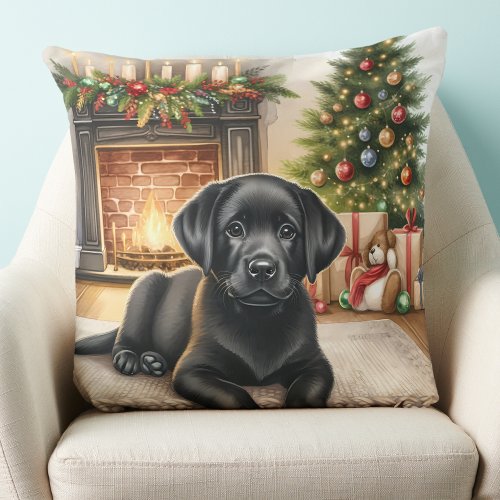 Black Labrador Retriever Puppy Dog Christmas Throw Pillow