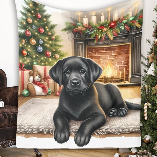 Black Labrador Retriever Puppy Dog Cozy Christmas Fleece Blanket