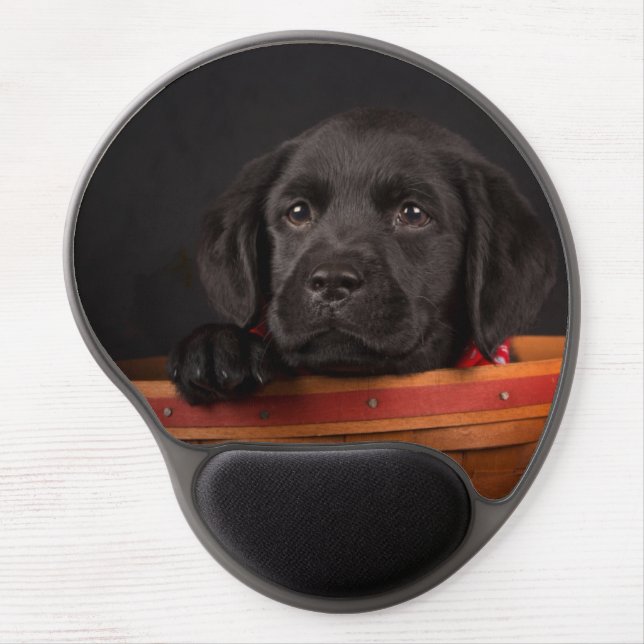 Black labrador retriever puppy in a basket gel mouse pad (Front)