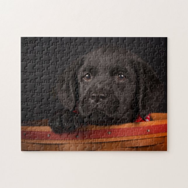 Black labrador retriever puppy in a basket jigsaw puzzle (Horizontal)