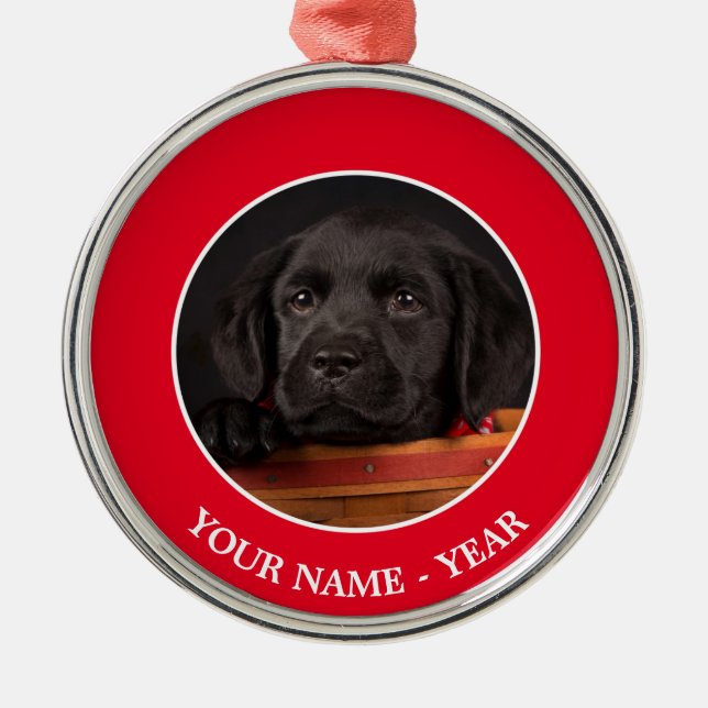 Black labrador retriever puppy in a basket metal ornament (Front)