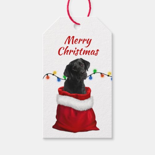 Black Labrador Retriever Puppy in Santa Bag Gift Tags