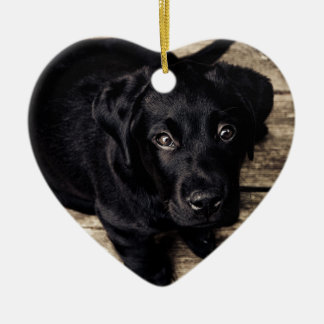 Black Labrador Retriever Puppy on Wood Ceramic Ornament