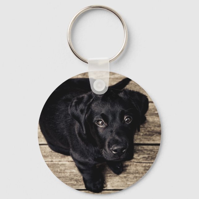 Black Labrador Retriever Puppy on Wood Keychain (Front)