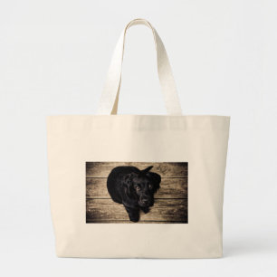 Black Labrador Retriever Puppy on Wood Large Tote Bag