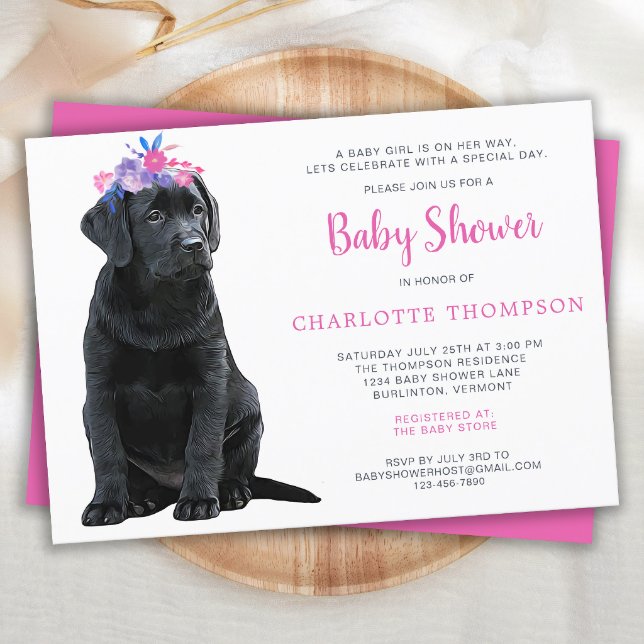 Black Labrador Retriever Puppy Pink Baby Shower Invitation