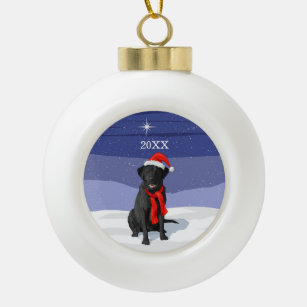 Black Labrador Retriever Santa Hat & Scarf Ceramic Ball Christmas Ornament
