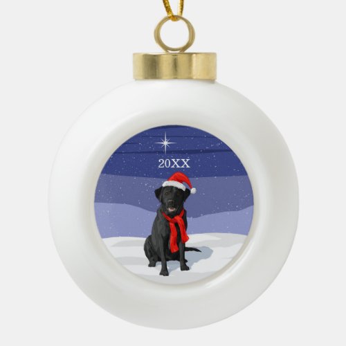 Black Labrador Retriever Santa Hat  Scarf Ceramic Ball Christmas Ornament