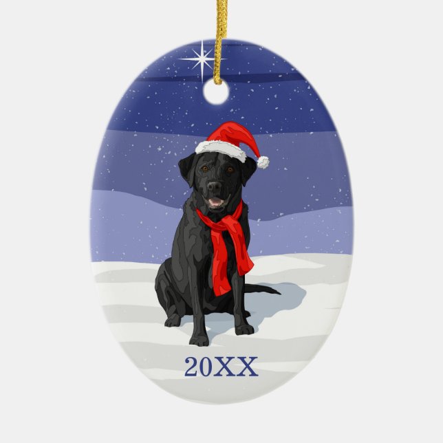 Black Labrador Retriever Santa Hat & Scarf Ceramic Ornament (Front)