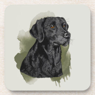 Black Labrador Retriever Watercolor Art On Green Beverage Coaster