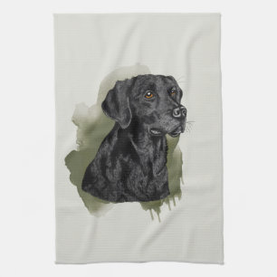 Black Labrador Retriever Watercolor Dog Art Green Kitchen Towel