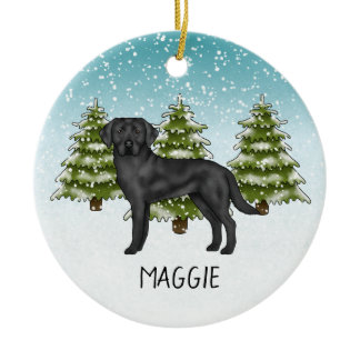 Black Labrador Retriever Winter Forest Custom Name Ceramic Ornament