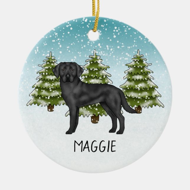 Black Labrador Retriever Winter Forest Custom Name Ceramic Ornament (Front)