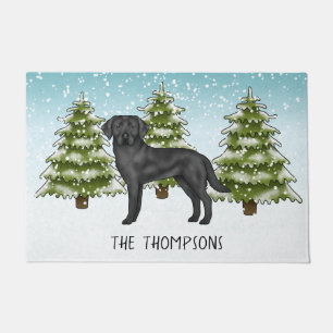 Black Labrador Retriever Winter Forest Custom Name Doormat