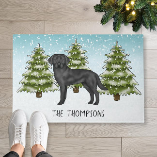 Black Labrador Retriever Winter Forest Custom Name Doormat