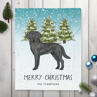 Black Labrador Retriever Winter Forest Custom Text Fleece Blanket