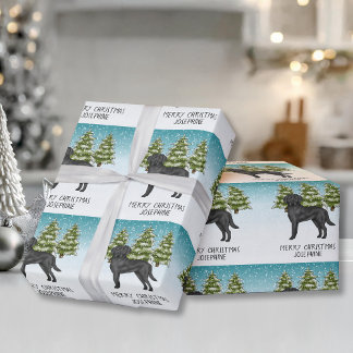 Black Labrador Retriever Winter Forest Custom Text Wrapping Paper