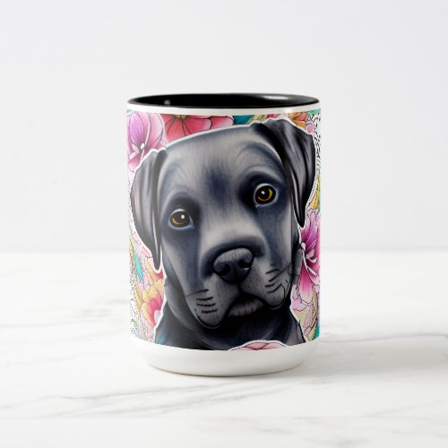  Black Labrador Retriever With Flowers Two_Tone Coffee Mug