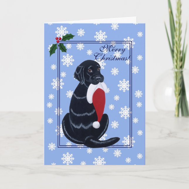 Black Labrador & Santa Hat Snowflake Christmas Holiday Card (Front)